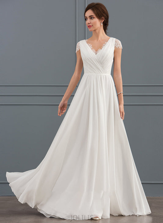 With Floor-Length Wedding Lace Wedding Dresses Jazlene Dress Ruffle Chiffon V-neck A-Line