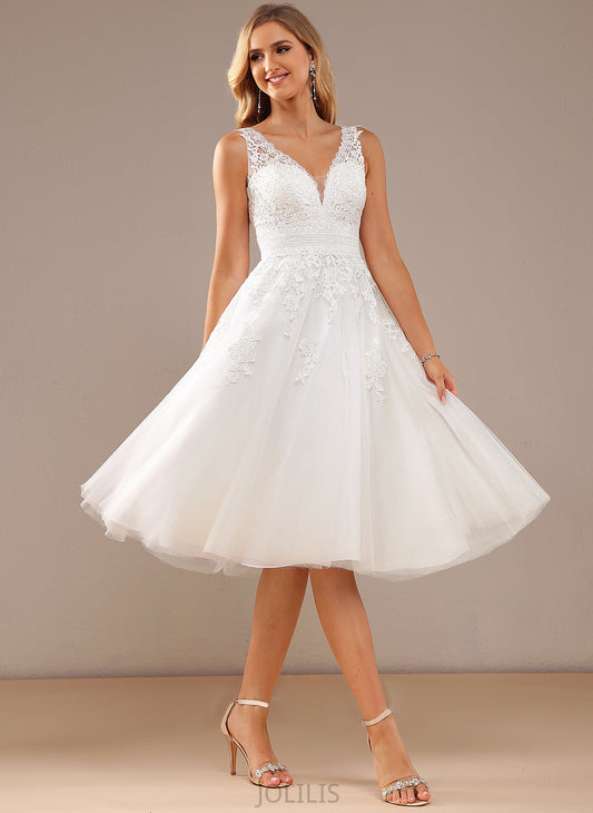 V-neck Tulle Wedding Dresses Lace Alula Knee-Length Dress A-Line Wedding