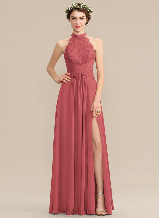 Front Split Ruffle Chiffon Lace Neck With Eliza A-Line High Floor-Length Prom Dresses