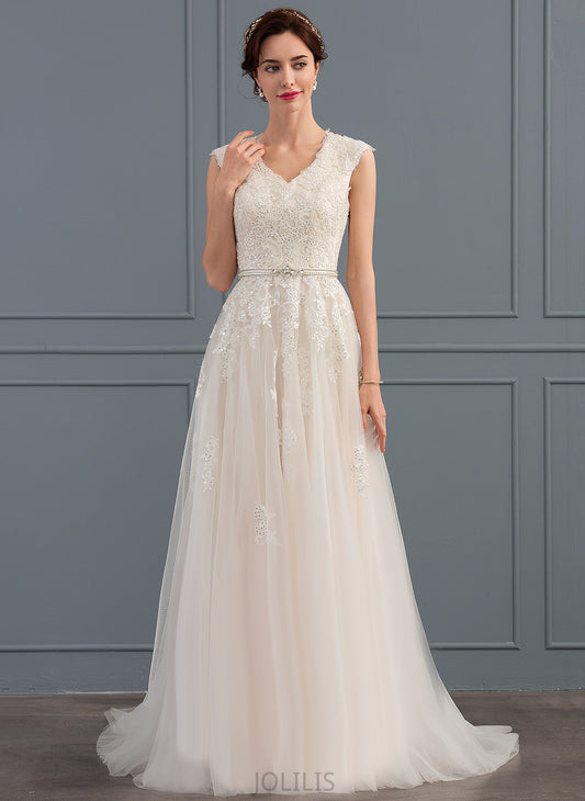 Dress Train Lace Beading A-Line Sequins Tulle V-neck Moira Wedding Dresses Wedding Bow(s) Sweep With