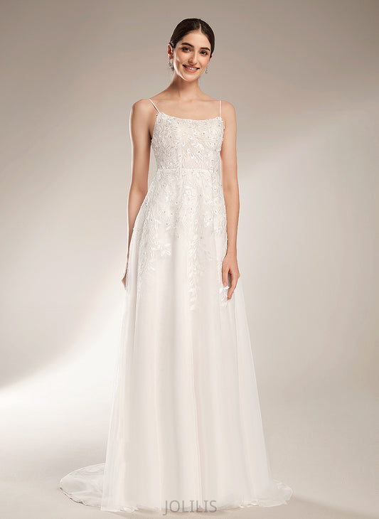 Dahlia Beading Court Neckline Sequins Wedding Dresses Lace A-Line With Tulle Dress Wedding Square Train