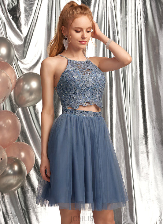 Tulle Gabriella Neck Scoop Prom Dresses Sequins Short/Mini Beading With A-Line