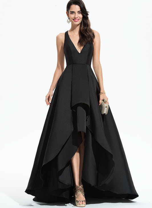 Nicole A-Line Prom Dresses Satin Asymmetrical V-neck