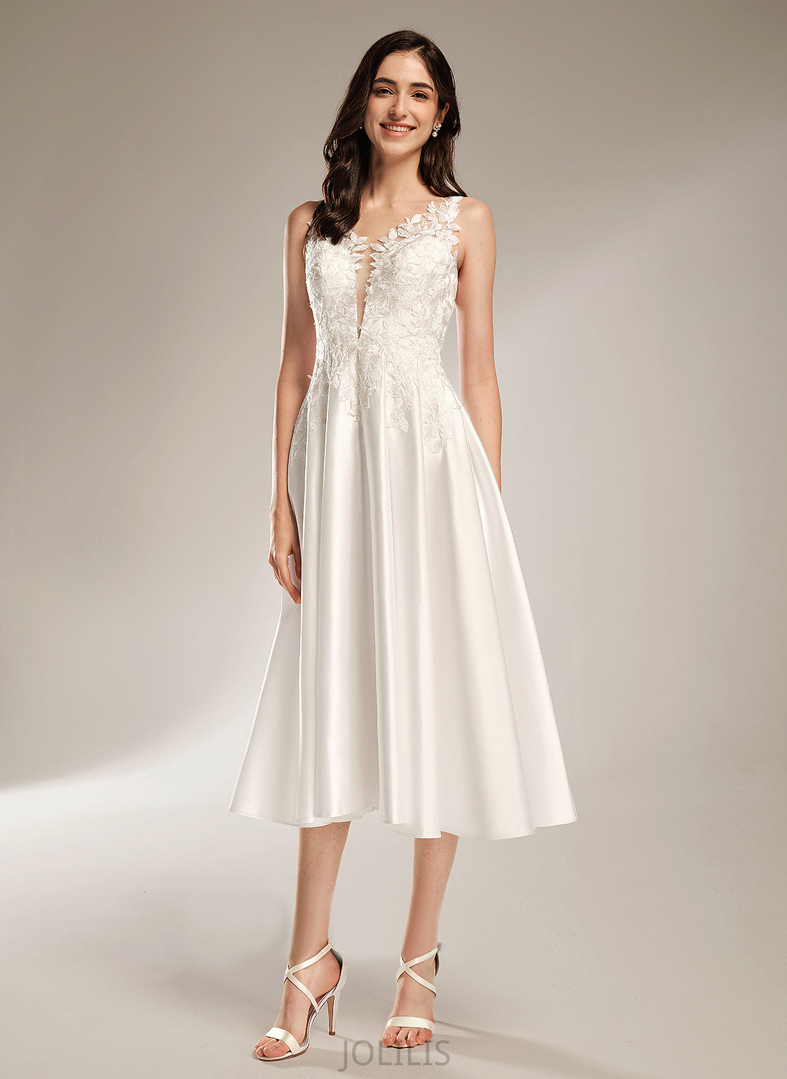 Tea-Length Wedding Dresses Wedding Rylee A-Line Dress V-neck Lace Satin