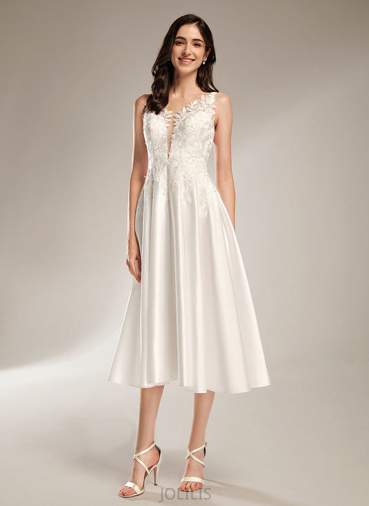 Tea-Length Wedding Dresses Wedding Rylee A-Line Dress V-neck Lace Satin