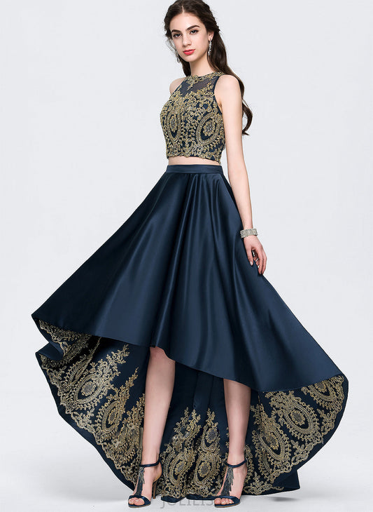 A-Line Scoop With Satin Prom Dresses Asymmetrical Lace Kennedy Beading Sequins Neck