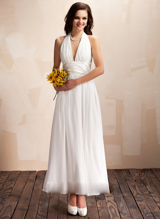 Dress Chiffon A-Line Aubrie Ruffle Wedding Dresses Halter Ankle-Length Wedding With Bow(s)