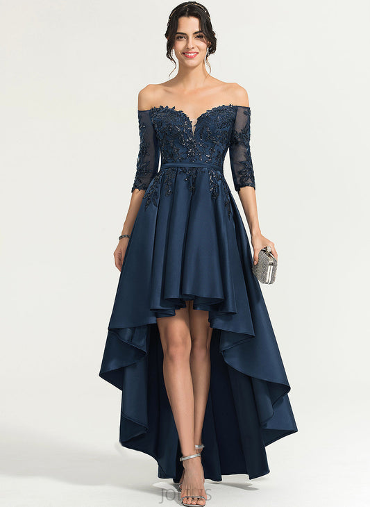 With A-Line Asymmetrical Homecoming Lexie Lace Satin Dress Off-the-Shoulder Homecoming Dresses