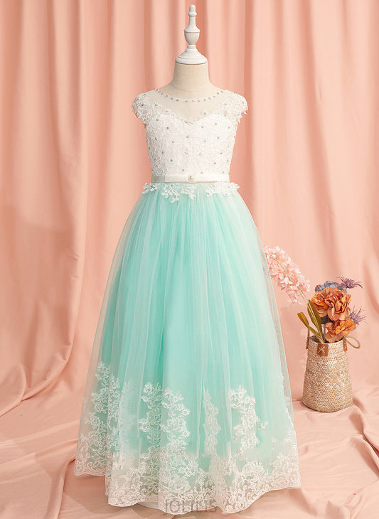 Ball-Gown/Princess - Lace/Beading/Bow(s)/V With Floor-length Jamya Girl Neck Scoop Flower Girl Dresses Sleeveless Flower Back Dress Tulle