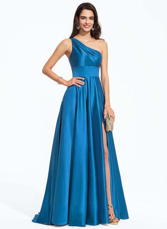 One-Shoulder A-Line Train Felicity Sweep Prom Dresses Satin