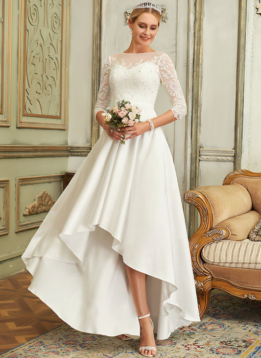 A-Line Dress Satin Scoop Asymmetrical Wedding Dresses Lace Wedding Piper Neck