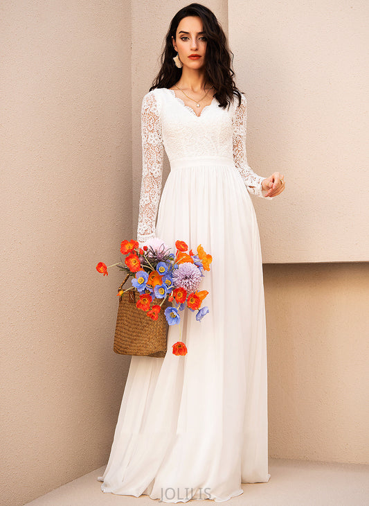 Evelyn Wedding V-neck A-Line Lace With Floor-Length Wedding Dresses Chiffon Dress