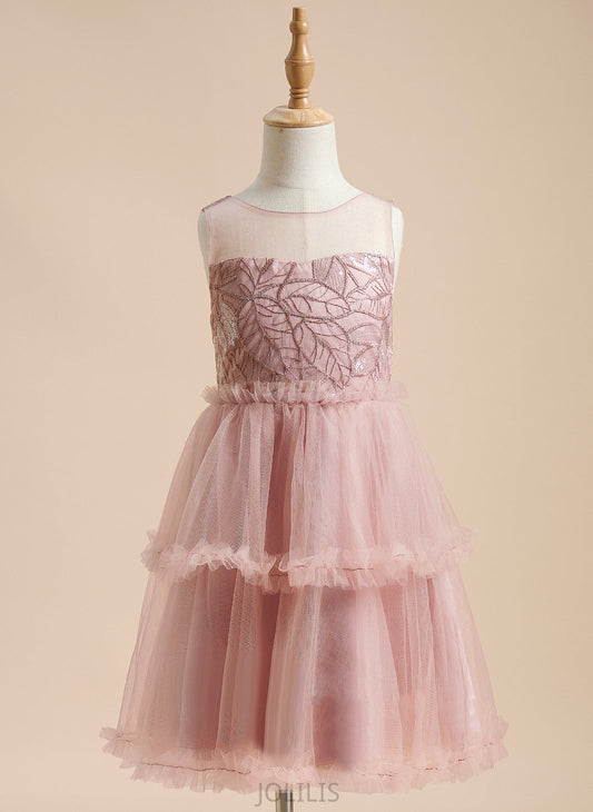 Knee-length Tulle Arielle With Dress Flower Neck Girl Sleeveless Sequins/Pleated/V - Back Flower Girl Dresses Scoop A-Line