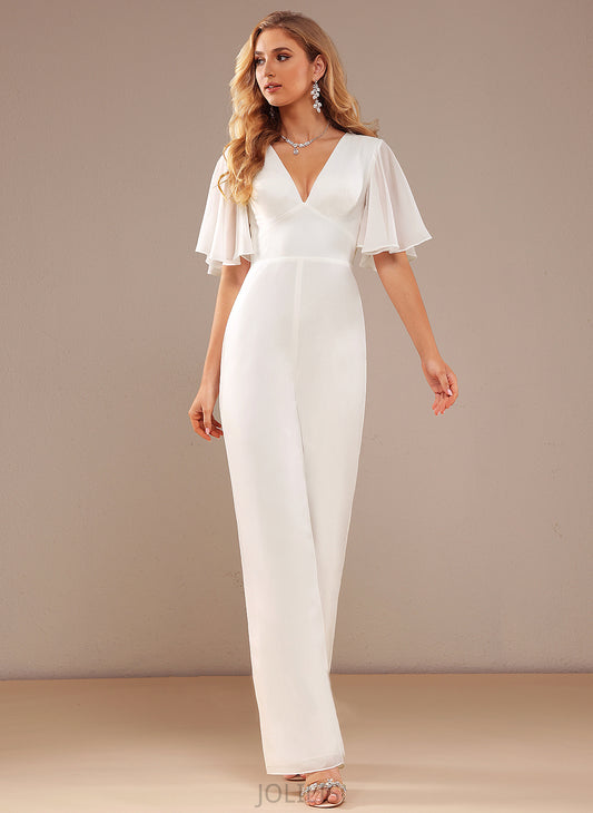 Jumpsuit/Pantsuit V-neck Charity Ruffle Wedding Dresses With Floor-Length Dress Wedding Chiffon