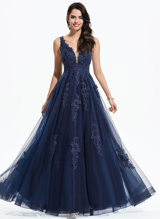 Sequins Floor-Length Tulle A-Line Emelia Prom Dresses With V-neck