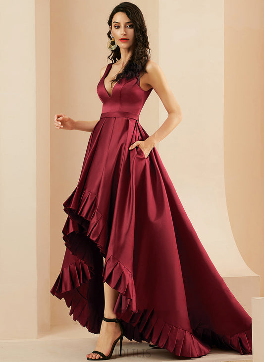 Pockets Asymmetrical Satin Ball-Gown/Princess V-neck Prom Dresses Ryann With