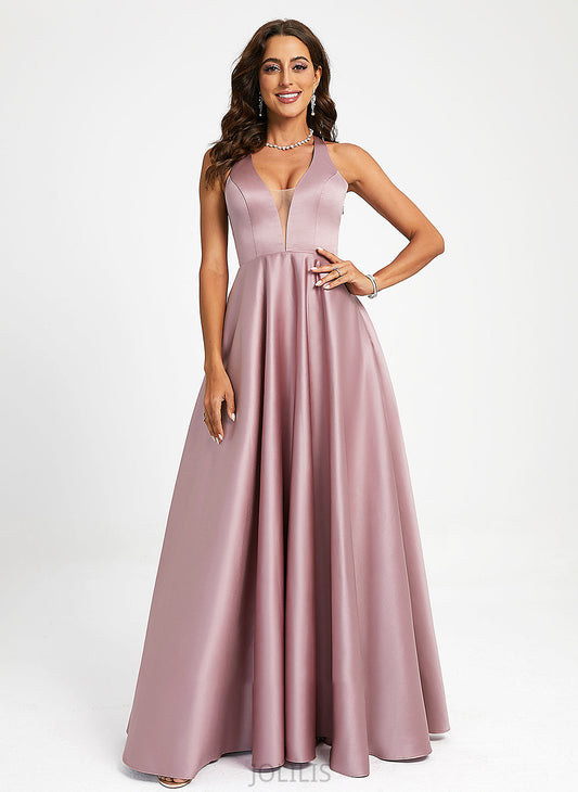 V-neck Satin Kitty Floor-Length Prom Dresses A-Line