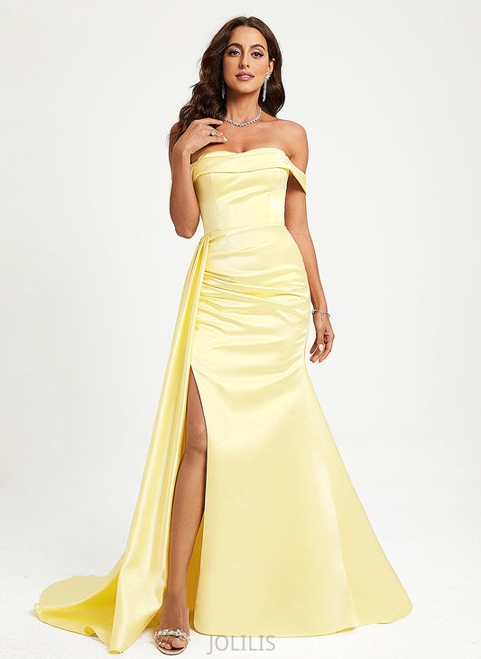 Kaylyn Satin Trumpet/Mermaid Off-the-Shoulder With Sweep Train Ruffle Prom Dresses