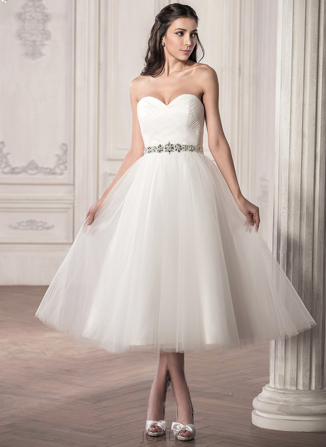 Sweetheart With Tea-Length A-Line Ruffle Wedding Tulle Dress Beading Satin Helga Sequins Wedding Dresses