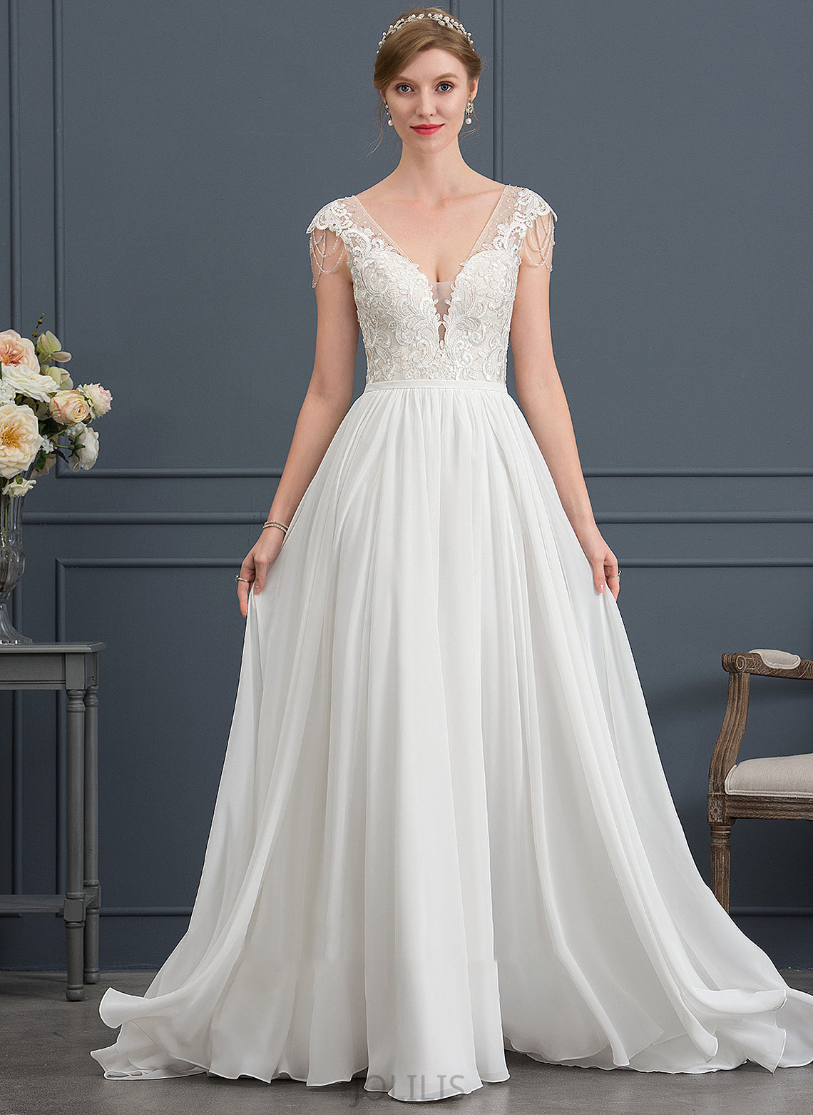 With Wedding Dresses Dress Train Beading Sweep Wedding Chiffon Corinne V-neck Sequins A-Line