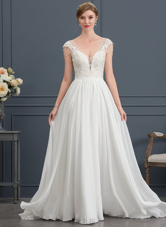 With Wedding Dresses Dress Train Beading Sweep Wedding Chiffon Corinne V-neck Sequins A-Line