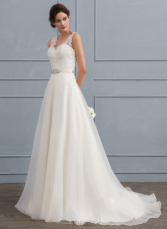 V-neck Wedding Dresses With Organza Bow(s) Dress Train A-Line Beading Wedding Sweep Mallory