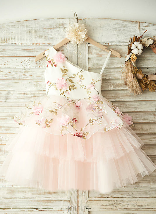 Knee-length Dress Flower Girl Dresses Flower One-Shoulder - Flower(s) A-Line Lyric Girl With Sleeveless Tulle