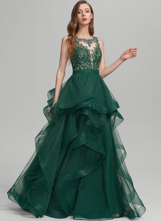 Scoop Neck Lace Ball-Gown/Princess With Riley Floor-Length Prom Dresses Tulle Ruffle