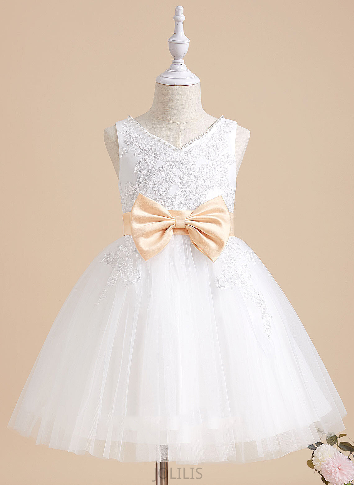 '- Dress Sleeveless Gloria Sash/Beading/Bow(s) Tulle/Lace Knee-length V-neck Flower Girl Dresses With Girl Flower A-Line