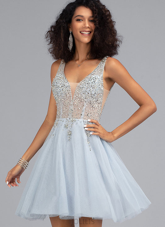 Elaina Beading Short/Mini Tulle Prom Dresses A-Line With V-neck