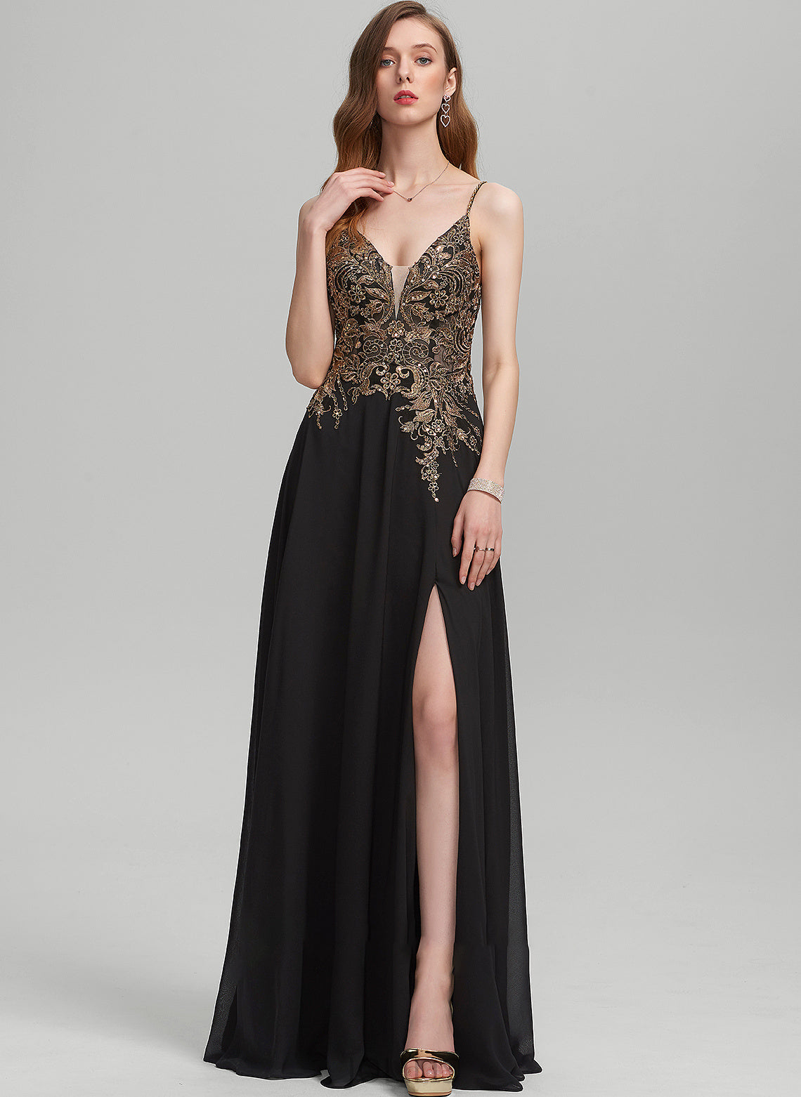 Sequins Lace Chiffon Front A-Line Split V-neck Prom Dresses Floor-Length Melinda With