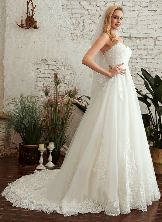 With Wedding Train Wedding Dresses A-Line Lace Sweetheart Tina Dress Court Tulle