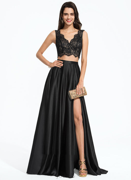 V-neck Front Split A-Line Prom Dresses Floor-Length Macie Satin With