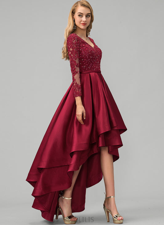 V-neck Asymmetrical Jacquelyn Satin Ball-Gown/Princess Beading With Sequins Prom Dresses