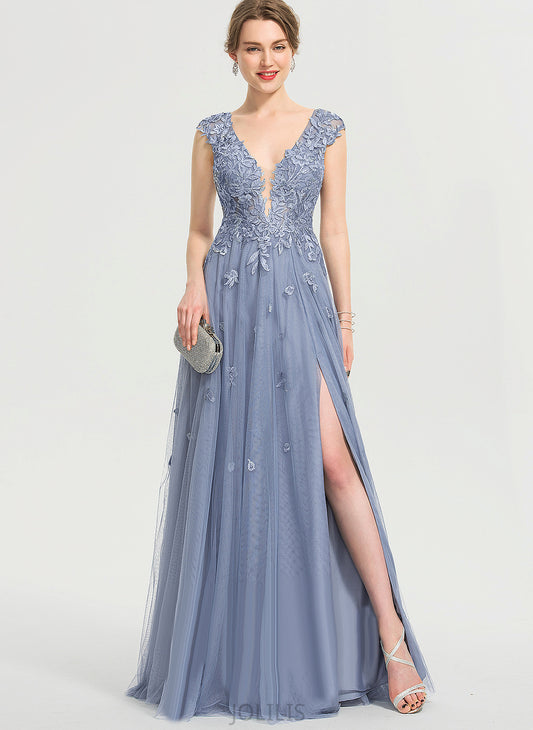 Sequins Prom Dresses V-neck A-Line Floor-Length With Lace Tulle Allie