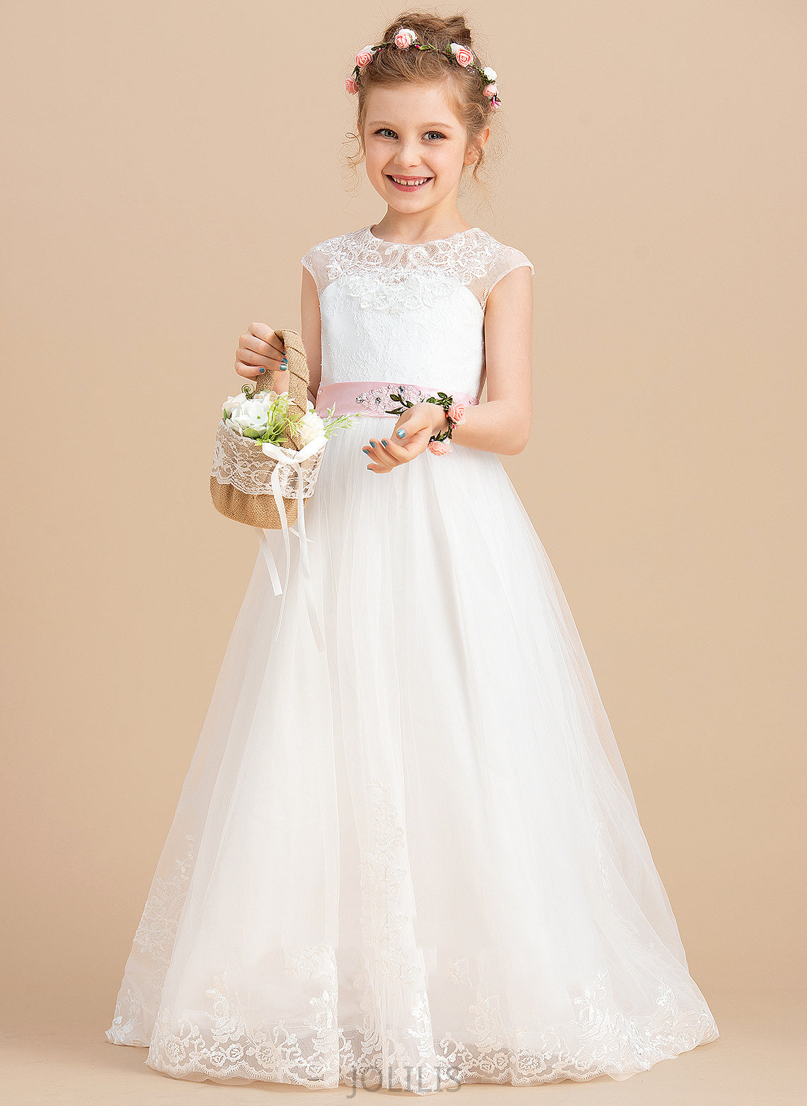 Dress Karina NOT Tulle/Lace included) With (Petticoat Floor-length Girl Flower Neck Flower Girl Dresses - Sleeveless Ball-Gown/Princess Scoop Sash/Beading/Appliques/Bow(s)