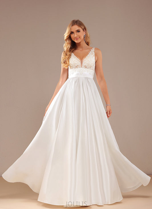 V-neck Satin Pockets Lace Floor-Length Wedding Dress Meghan Lace Ball-Gown/Princess With Wedding Dresses