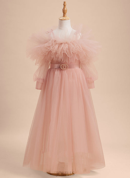 '- Floor-length Off-the-Shoulder Tulle Flower Dress Long Sleeves Flower Girl Dresses Ruffles/Sash/Beading With Girl Alia A-Line