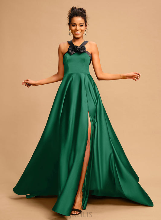 Ball-Gown/Princess Bow(s) Sweep Jayla With Train Satin Halter Prom Dresses