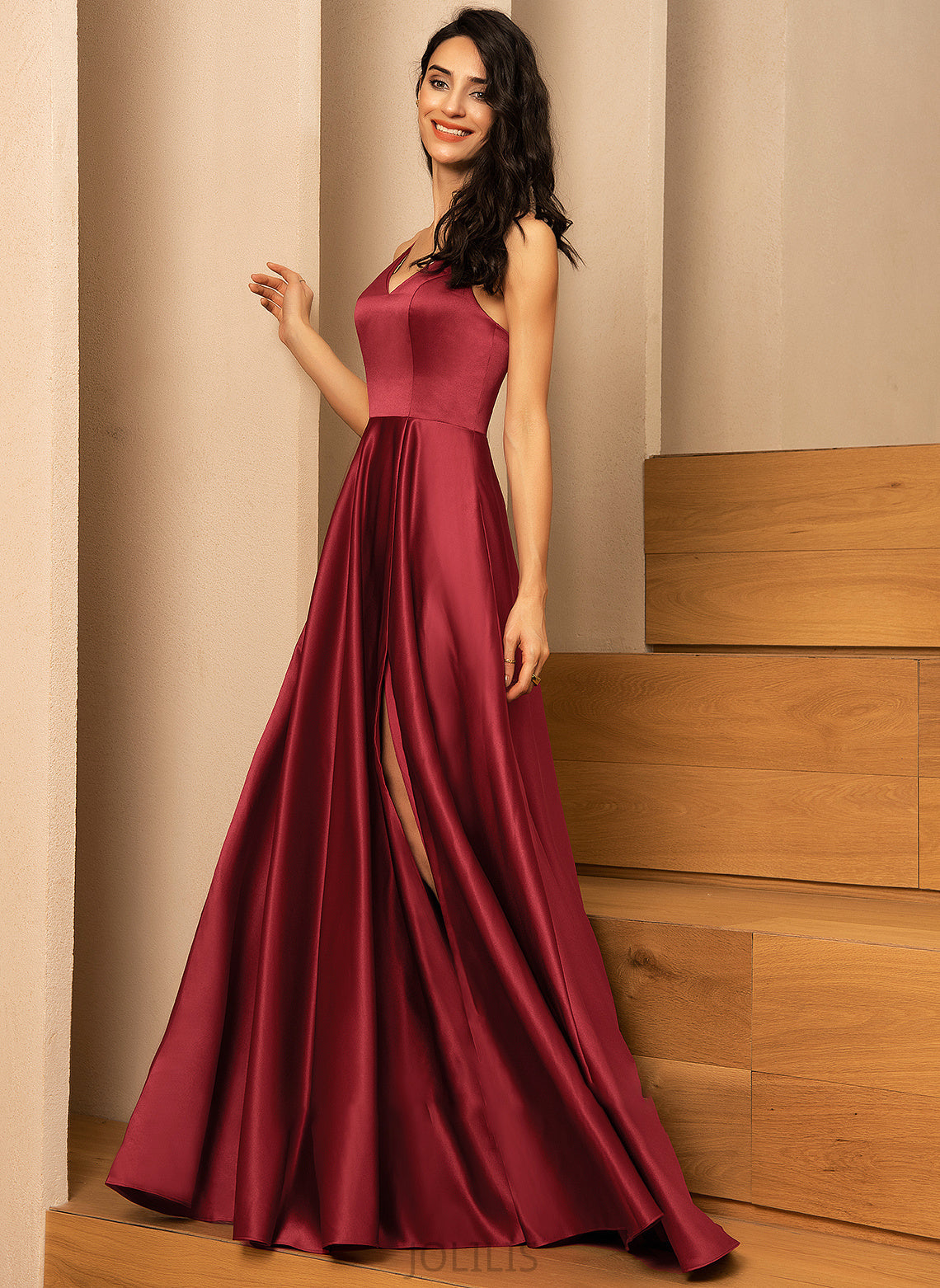 Prom Dresses With V-neck Satin Pockets Floor-Length Makenna A-Line