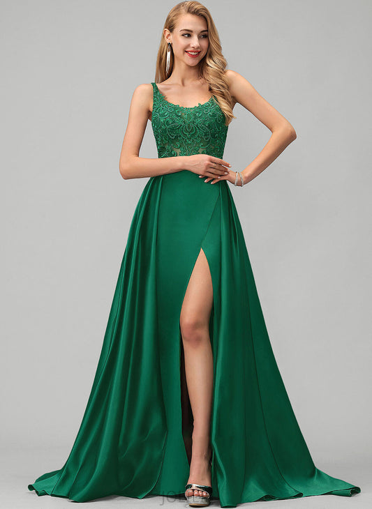 Lace Prom Dresses Sequins A-Line Sweep Paris Satin With Train Neckline Square Front Split