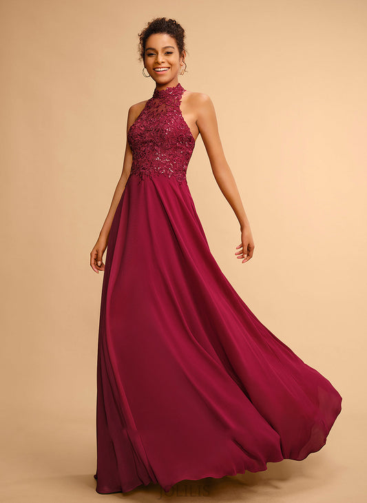 Halter Floor-Length A-Line Lace Chiffon Sequins With Prom Dresses Evie