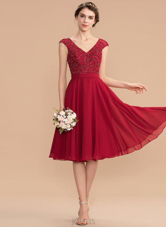 Beading Lace Prom Dresses V-neck A-Line Charlie Knee-Length Chiffon With