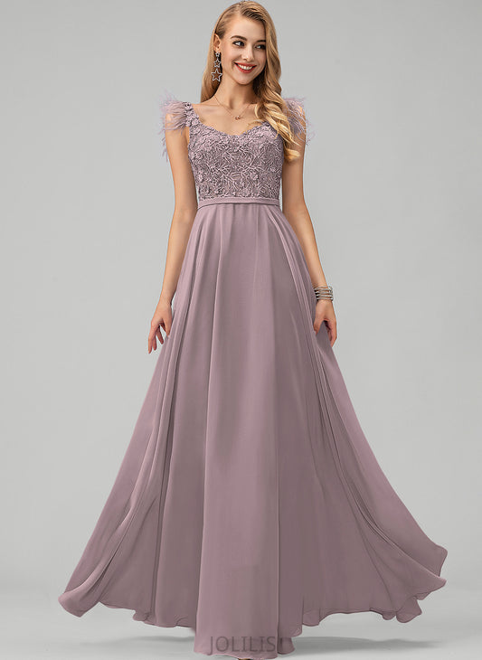 Flower(s) Feather V-neck Sequins Ana A-Line Prom Dresses Chiffon With Beading Floor-Length