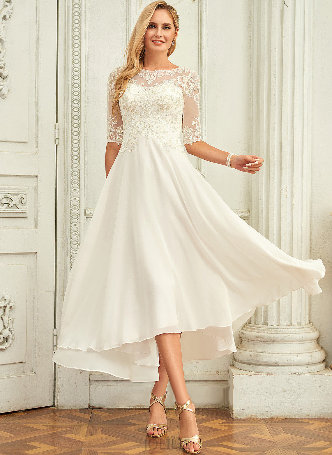 Cristal Dress Lace Sequins Wedding Dresses Neck Asymmetrical A-Line Wedding Beading With Scoop Chiffon