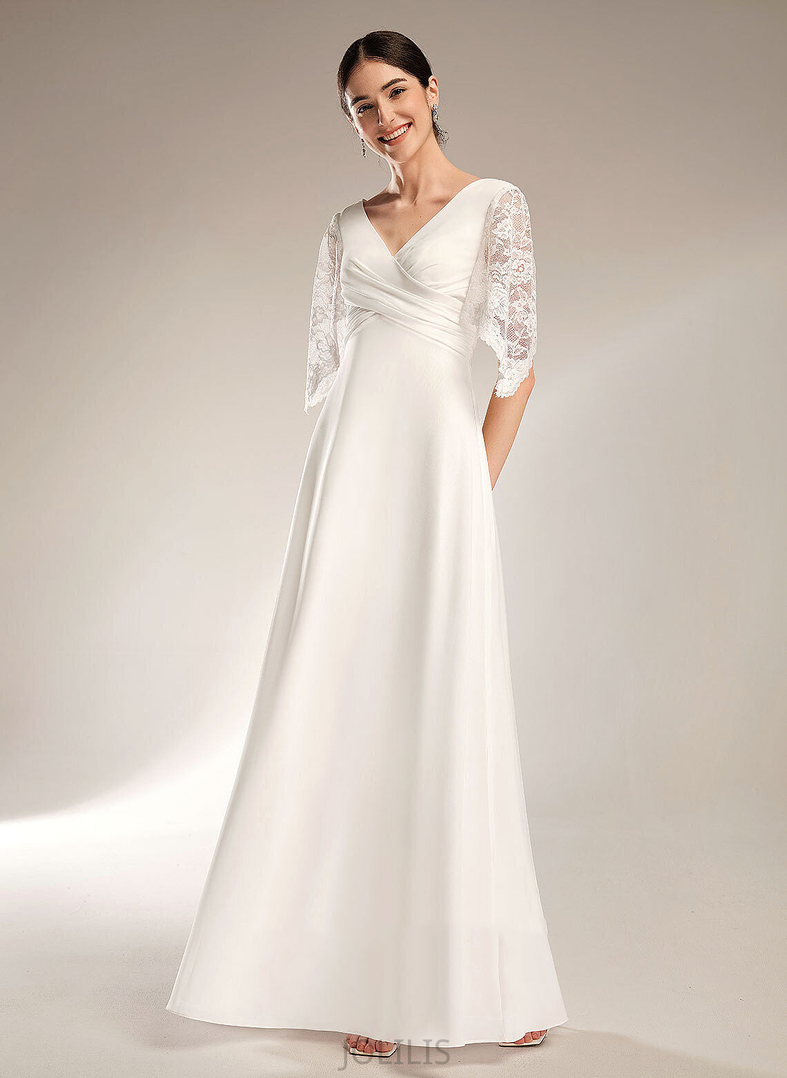 Sheath/Column Floor-Length Chiffon Dress Lace Wedding Mikayla V-neck Wedding Dresses