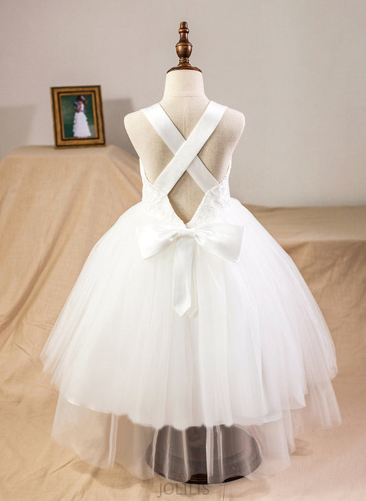 Ball-Gown/Princess Satin/Tulle/Lace Flower Girl Dresses Viviana - Dress Sleeveless With Bow(s) Girl Flower Tea-length Straps