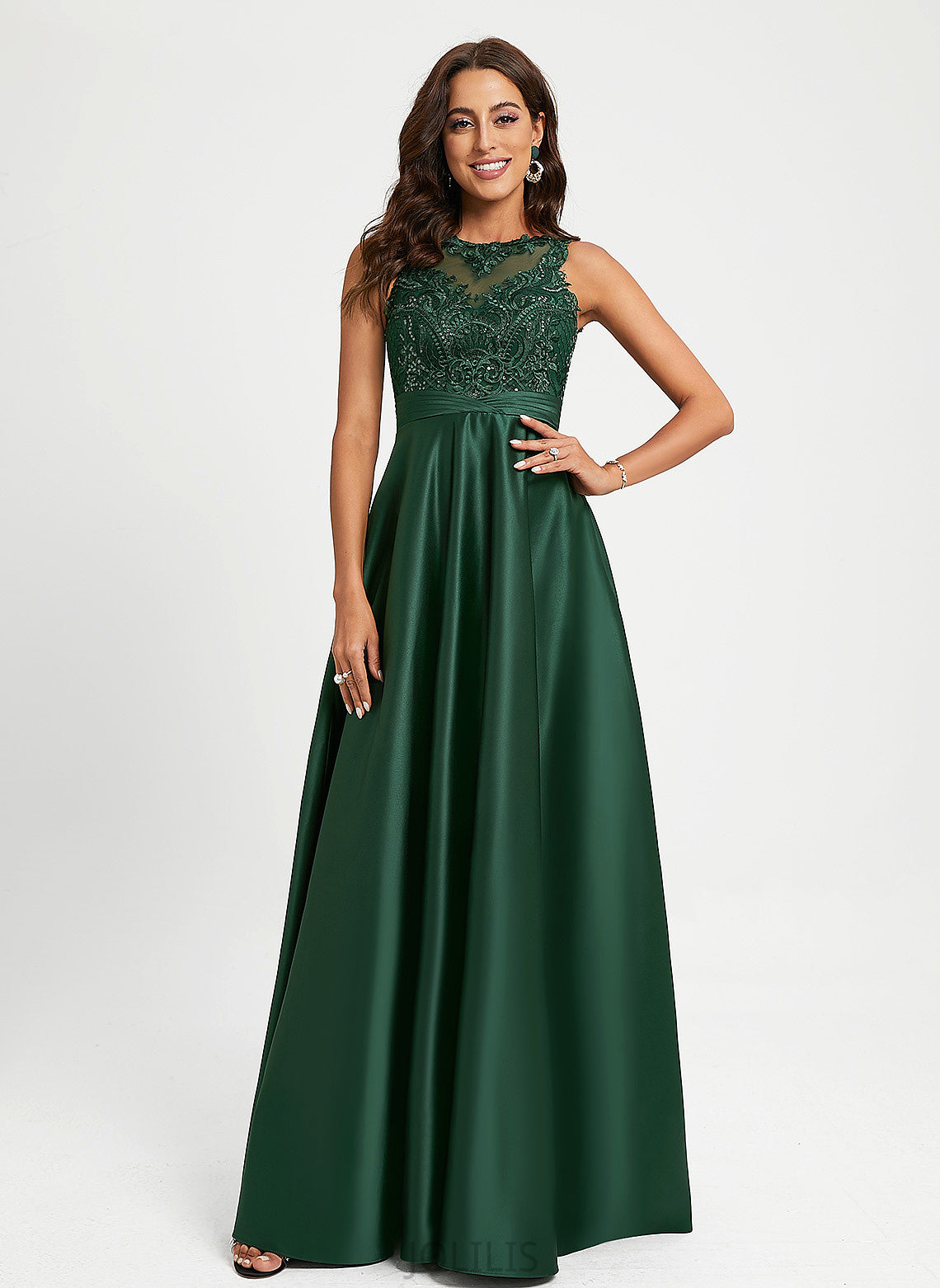 Lace Satin Scoop Floor-Length With Sequins Ball-Gown/Princess Prom Dresses Bethany