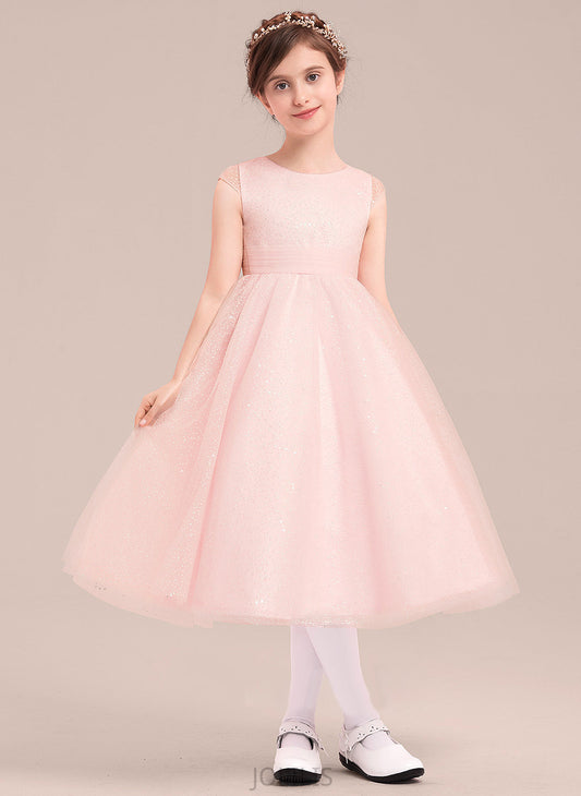 Girl Lina Tea-length Tulle With Dress Flower A-Line/Princess Bow(s) Neck Flower Girl Dresses - Sleeveless Scoop