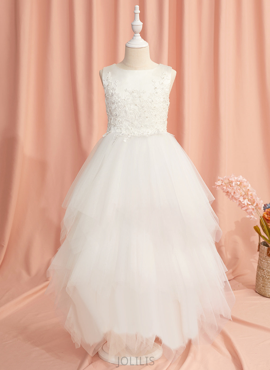 Dress Satin/Tulle With - Scoop Lace/Beading Sleeveless Girl Ball-Gown/Princess Flower Girl Dresses Ankle-length Jaelynn Neck Flower